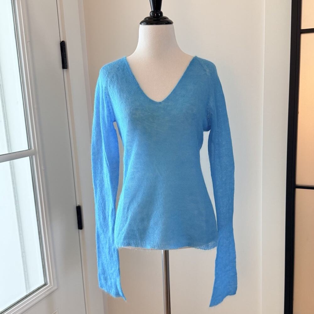 Vintage 90s Ann Taylor Mohair Sweater M Blue Sheer V-Neck Flare Sleeve Pullover